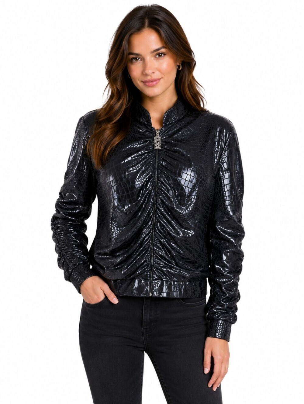Vintage Y2K Nueva Shiny Black Croc Embossed Ruched Zip Jacket Size 10